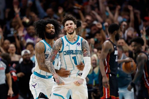 LaMelo Ball punches team mascot Hugo twice after Hornets knock Heat out of play-in tournament image